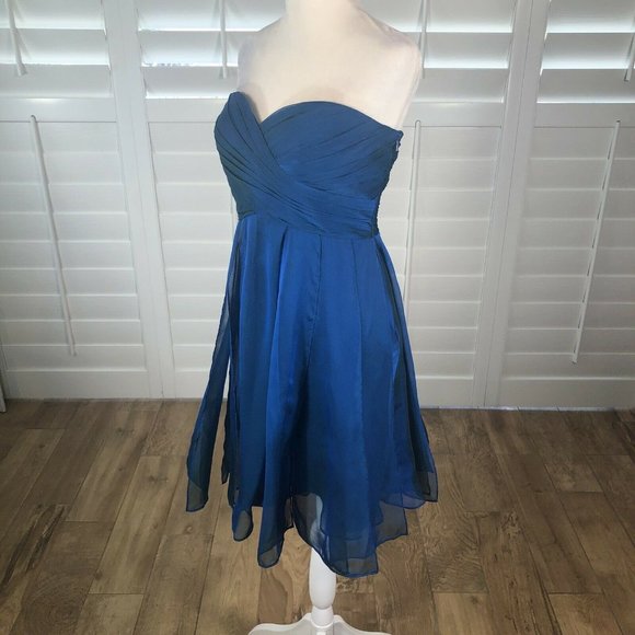 La Femme Strapless Cocktail Dress BlueTurquoise Iridescent Mini 8 Chiffon Panels - Picture 3 of 13